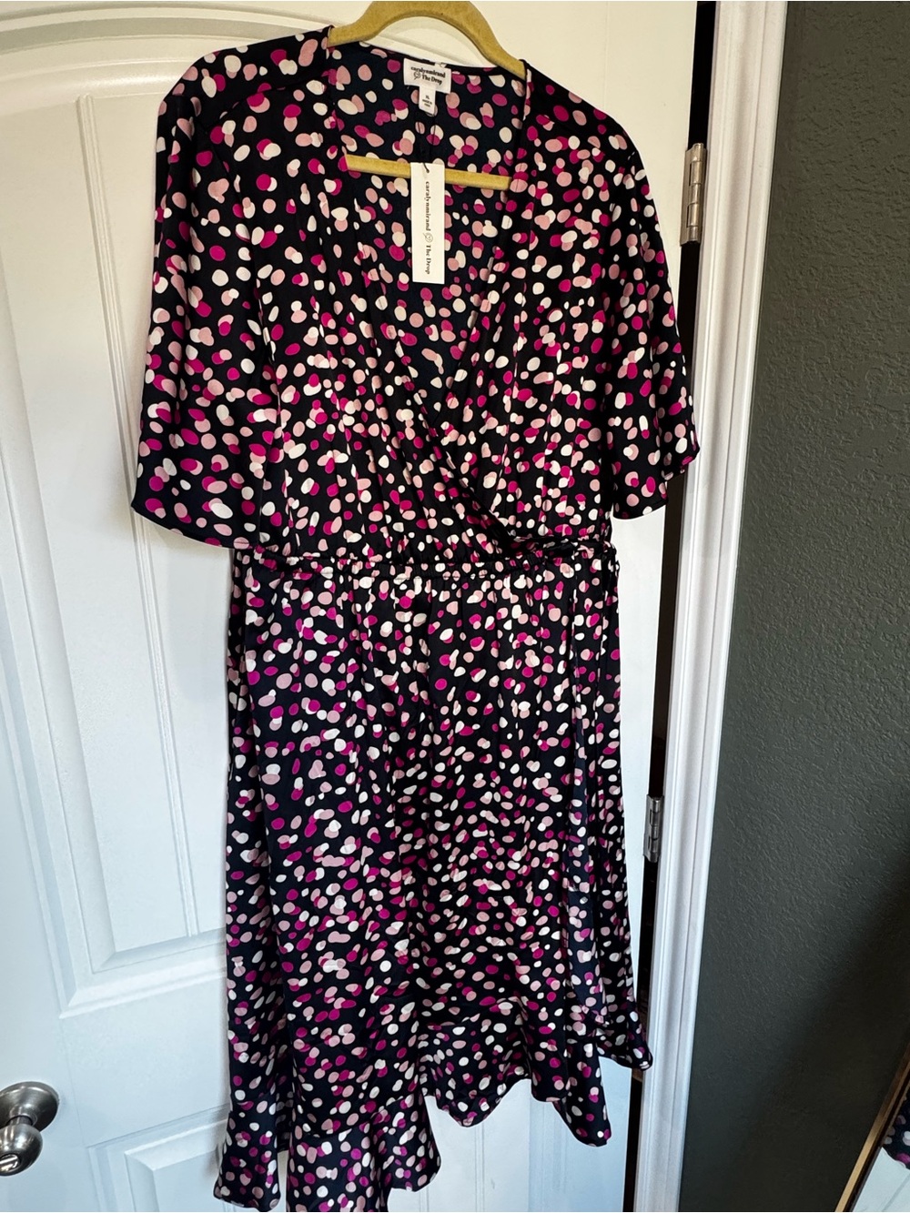 Caralyn Mirand x The Drop Wrap Midi Dress XL Black Pink Polka Dot NWT